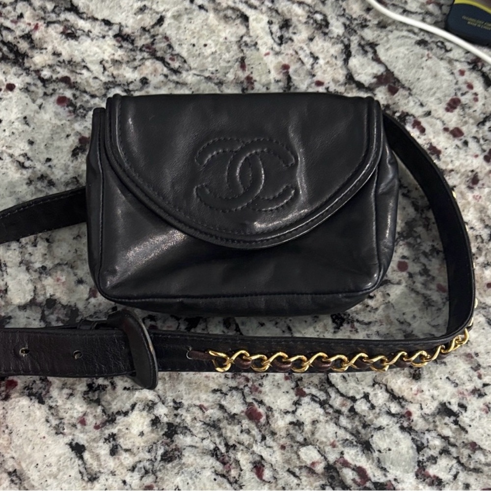CHANEL Black Leather Small Flap Belt Bag with Gold Chain